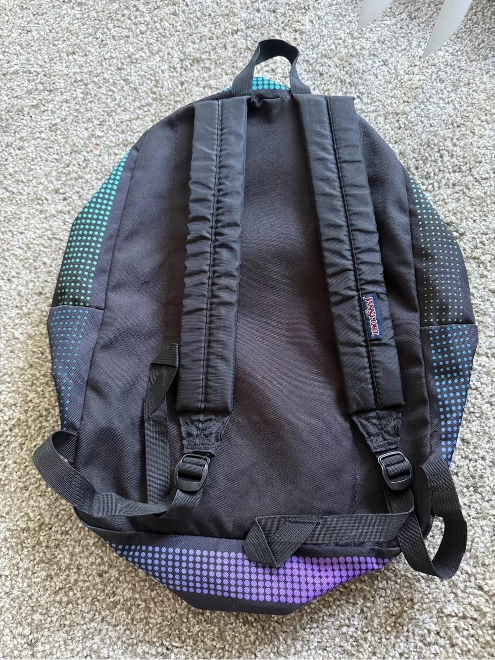 Jansport Black Backpack with Rainbow Dot-Stripe Pattern